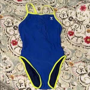 Reversible TYR Blue One-Piece Swimsuit with Neon Yellow Trim